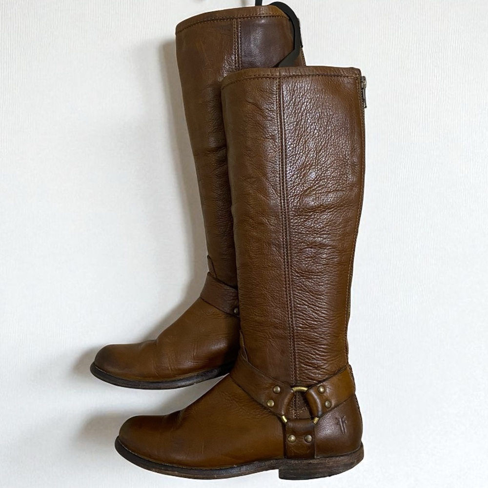 Frye Phillip Harness Brown Leather Tall Back Zipper Riding Boots Size 6.5